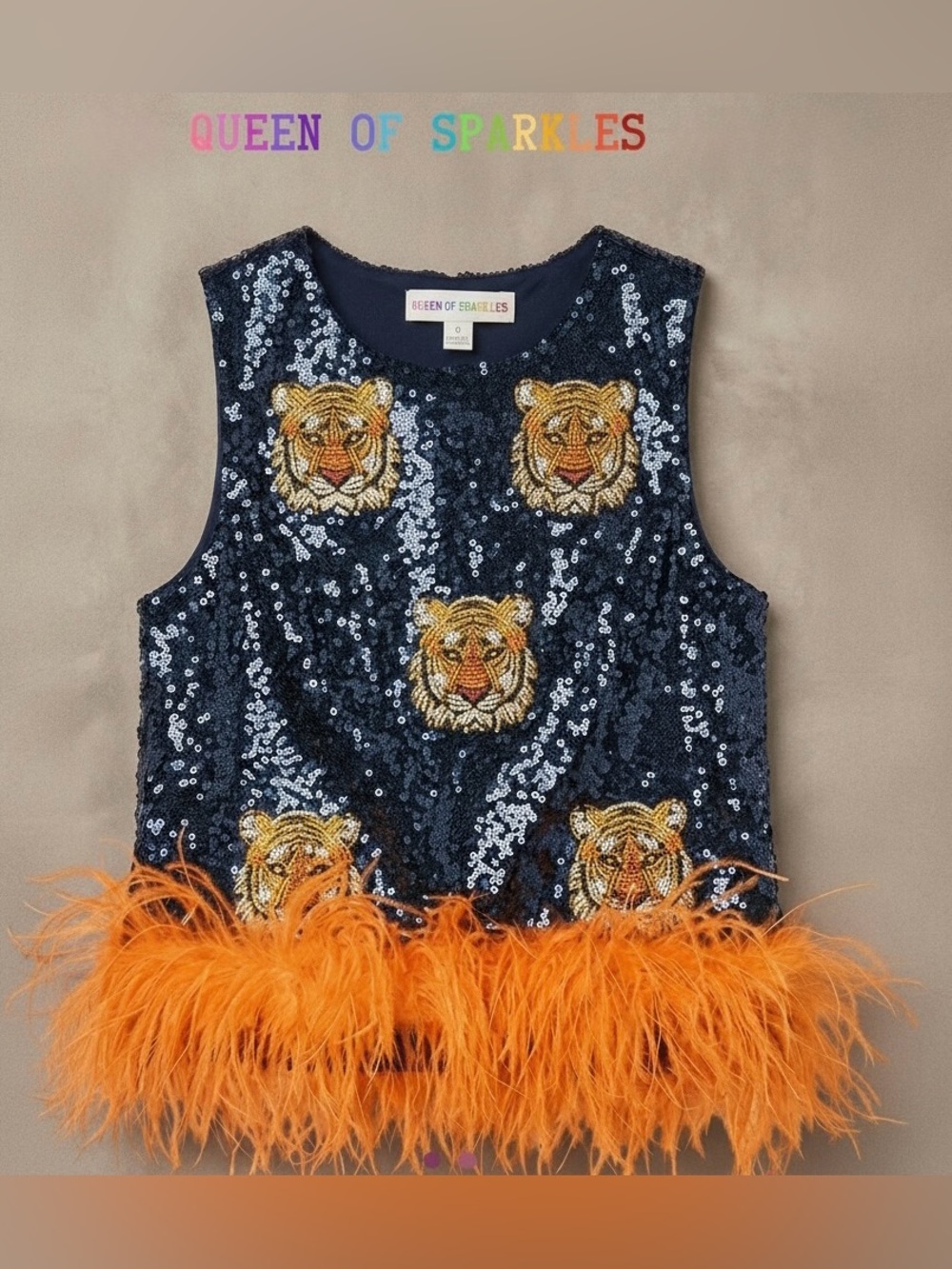 RARE Queen of Sparkles Tiger Navy Sequin Tank with Orange Feathers – Large NWT